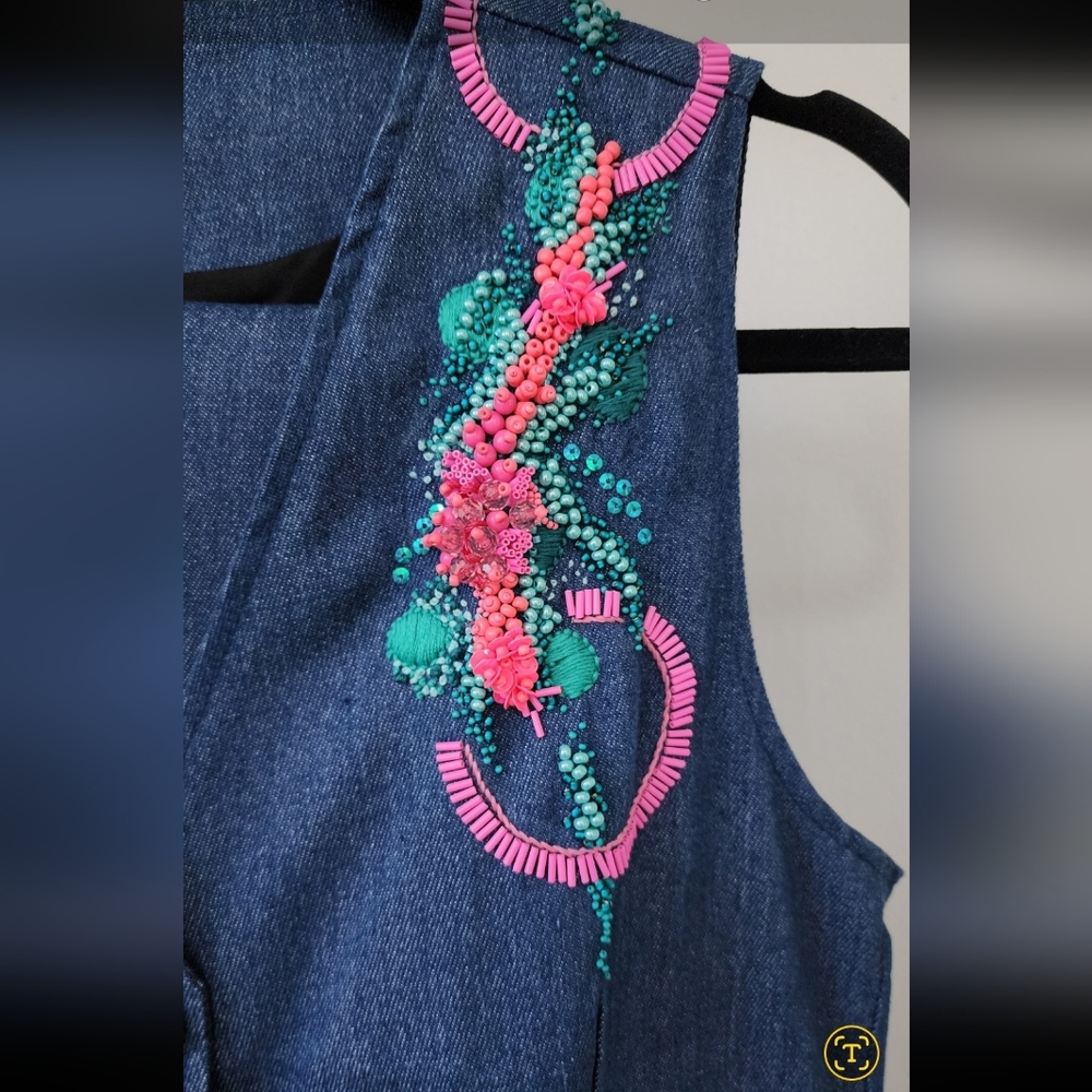 Denim Vest with Pink and Green Accents